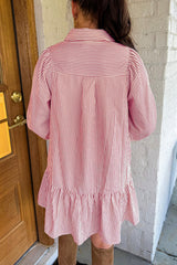 Black Striped Shirt Collar Ruffle Hem Long Sleeve Dress