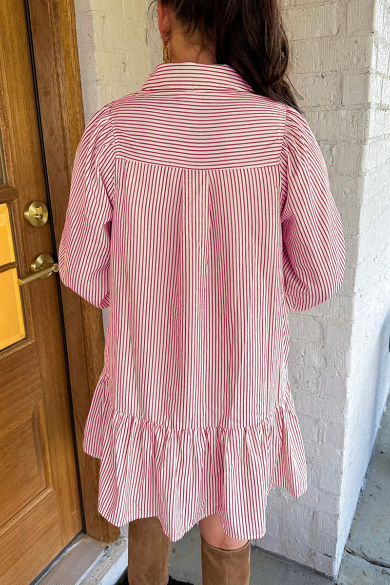Black Striped Shirt Collar Ruffle Hem Long Sleeve Dress