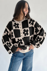 Red Dahlia Flower Colorblock Checkered Henley Sweater