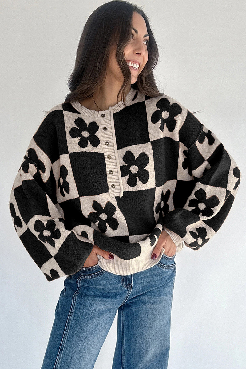 Red Dahlia Flower Colorblock Checkered Henley Sweater