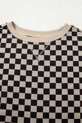 Khaki Mixed Checkered Pattern Patchwork High Low Casual Top