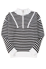 Sky Blue Stripe Zip up Collar Drop Shoulder Sweater