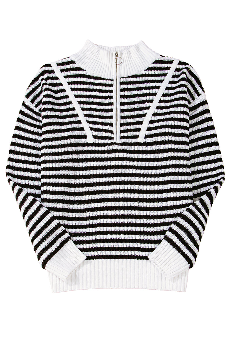 Sky Blue Stripe Zip up Collar Drop Shoulder Sweater