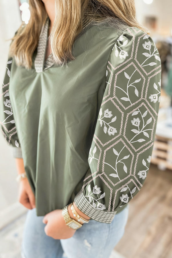 Grass Green Floral Puff Sleeve Contrast V Neck Patchwork Blouse