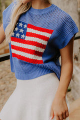 Sky Blue Flag Graphic Short Sleeve Sweater Top