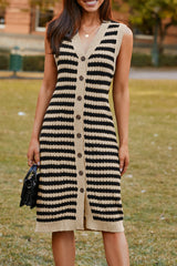 Parchment Buttoned Front Pencil Midi Sleeveless Sweater Dress