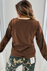 Dark Brown Varsity Striped Crew Neck Long Sleeve Top