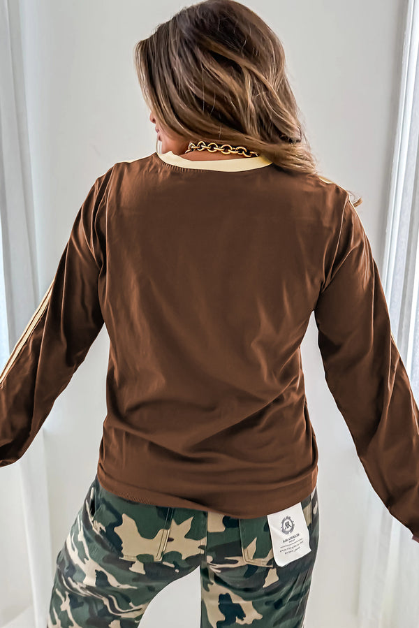 Dark Brown Varsity Striped Crew Neck Long Sleeve Top
