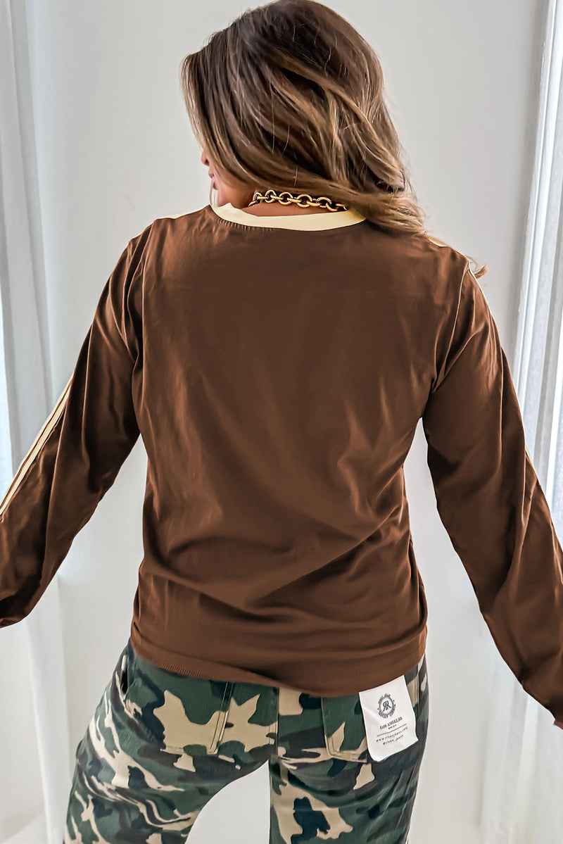 Dark Brown Varsity Striped Crew Neck Long Sleeve Top