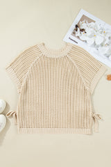 Black Plus Size Open Knit Bow Tie Short Sleeve Sweater