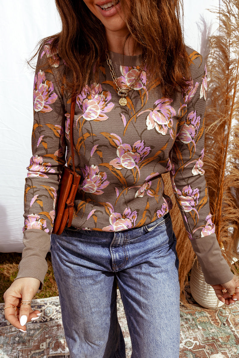 Brown Floral Print Waffle Textured Long Sleeve Top