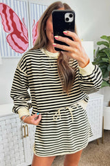 Black Stripe Textured Drop Shoulder Pullover Top Drawstring Mini Skirt Two Piece Dress Set