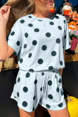 Sky Blue Polka Dot Print Loose Tee Drawstring Elastic Waist Short Set