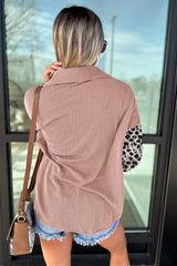 Dark Khaki Leopard Patchwork Twisted Ribbed Casual Shacket
