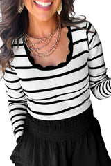 Black White Scalloped Edge Neck Striped Long Sleeve Sweater