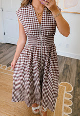 Coffee Plaid Print Full Zipper Cinched Waist Fit Flare Sleeveless Maxi Dress