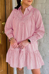 Black Striped Shirt Collar Ruffle Hem Long Sleeve Dress
