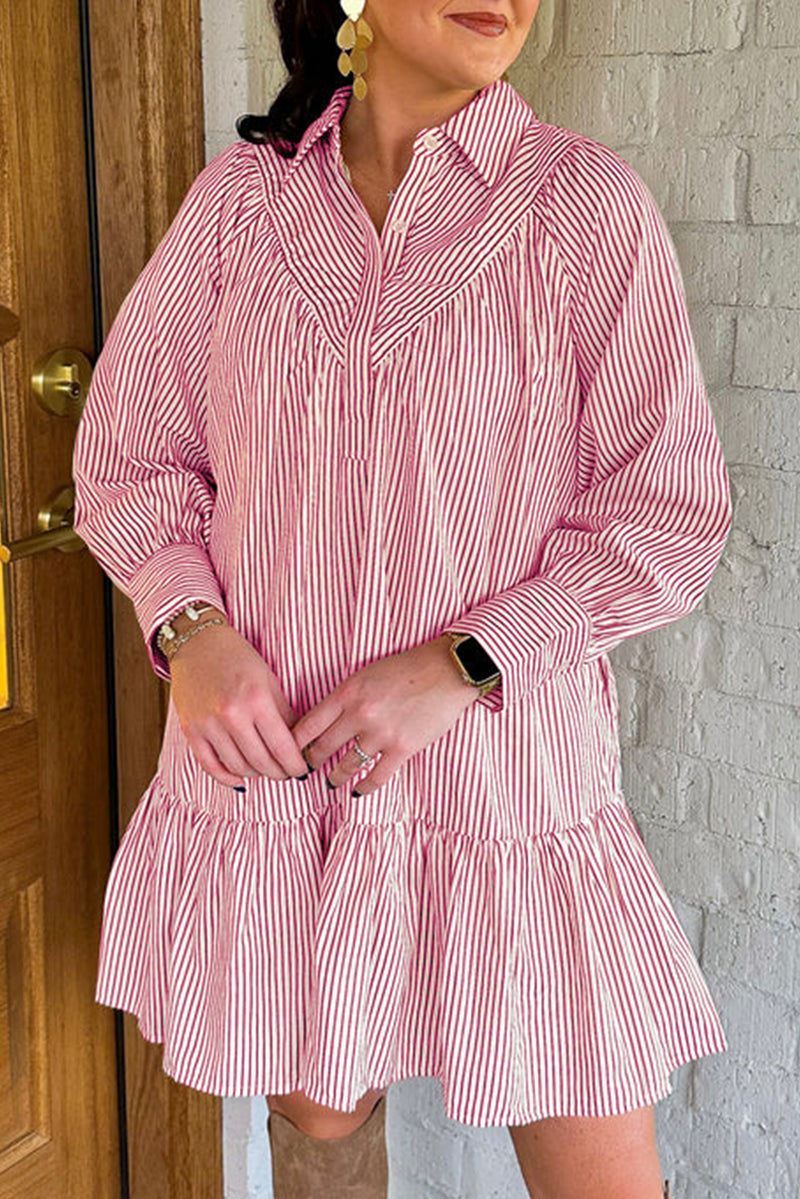 Black Striped Shirt Collar Ruffle Hem Long Sleeve Dress