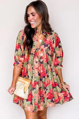 Green Floral Print Frilled V Neck Half Sleeve Mini Dress