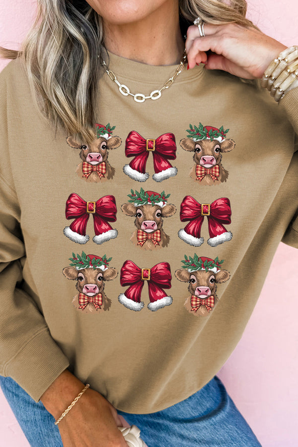 Khaki Christmas Heifer Bow Knot Print Womens Casual Sweatshirt