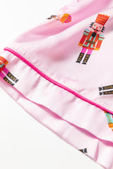 Pink Nutcracker Print Contrast Trim Bowknot Silk 2pcs Pajama Set