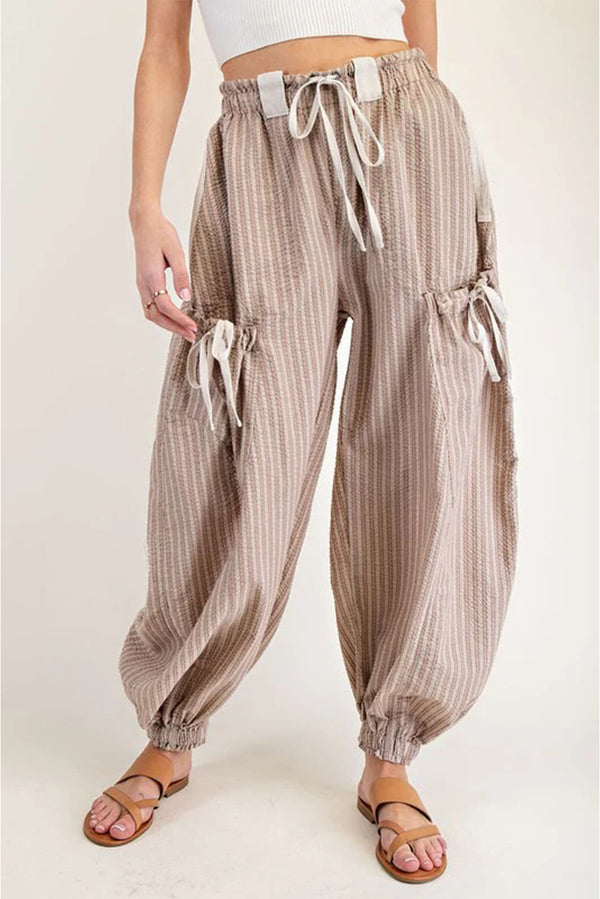 Brown Striped Pocket Knot Detail Lantern Pants