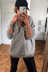 Parchment Varsity Contrast Trim V Neck Sweatshirt