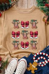 Khaki Christmas Heifer Bow Knot Print Womens Casual Sweatshirt