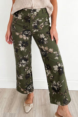 Green Vintage Floral Print Square Patch Pocket Raw Hem Shift Jeans