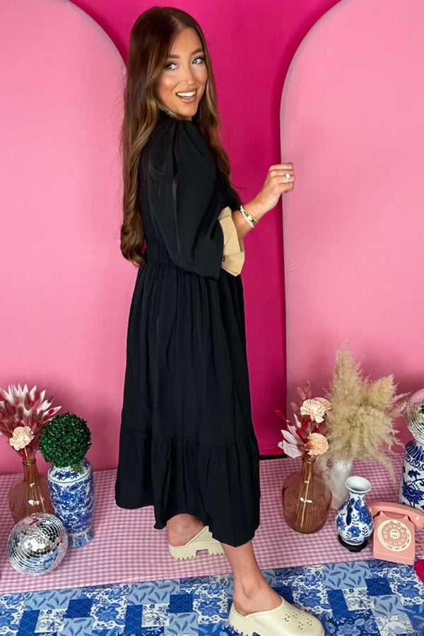 Black Leopard Contrast Color Ruffle Bracelet Sleeve Midi Dress
