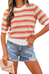 Rose Red Abstract Striped Knit Short Sleeve Sweater