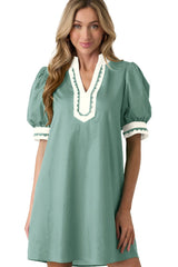 Light Pink Scallop Color Block Trim Puff Sleeve Mini Dress