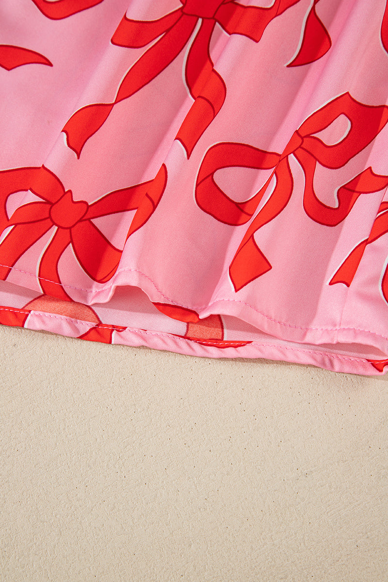 Pink Allover Bow Print Button Up and Loose Pants Pajama Set