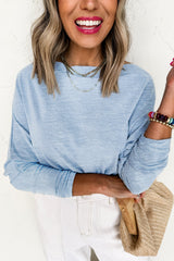 Beau Blue Solid Color Boat Neck Batwing Long Sleeve Top