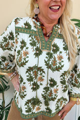 Green Plus Size Floral Printed Contrast Patchwork Detail Tassel Tie 3/4 Sleeve Blouse