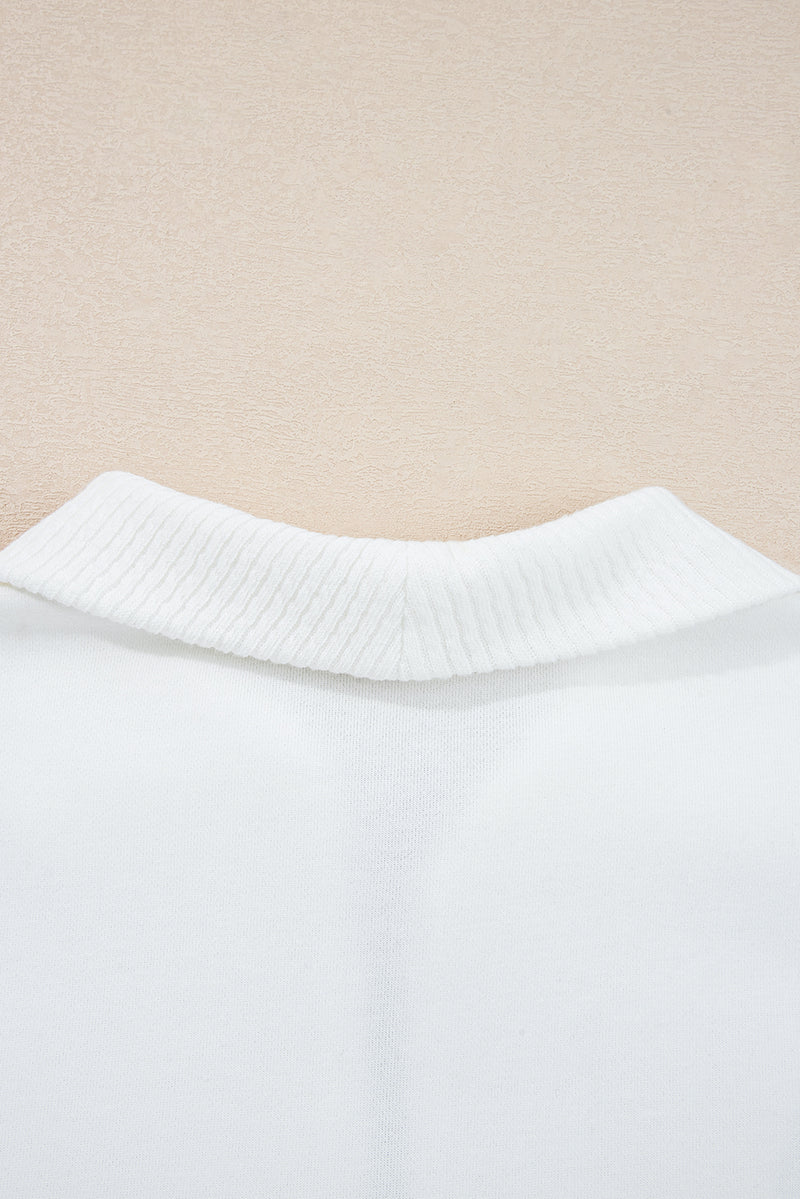 White Ribbed Collar Drop Shoulder Sweatshirt and Shorts Set