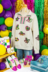 Light Grey Mardi Gras Elements Sequin Patched Striped Patchwork Zip Neck Pullover Sweatshirt