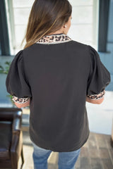 Black V Neck Short Puff Sleeve Contrast Striped Leopard Trim Button Down Shirt