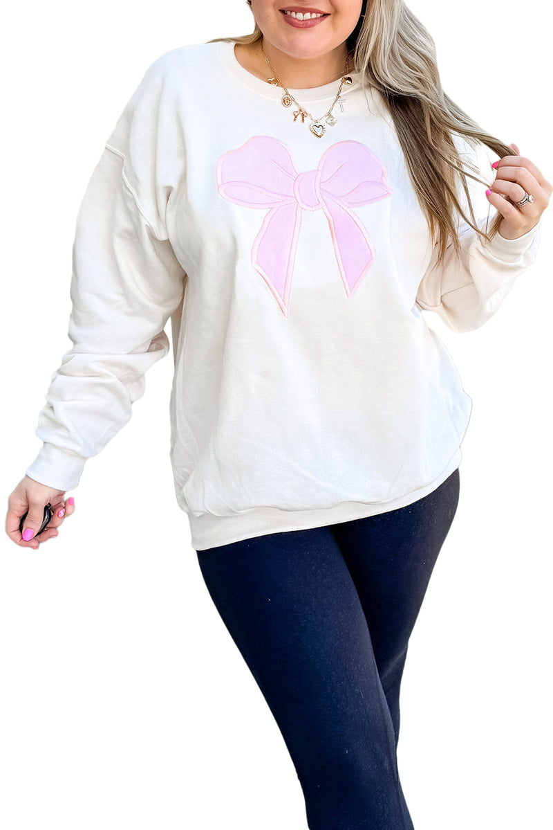 Beige Big Bow Pattern Plus Size Drop Shoulder Sweatshirt