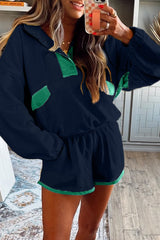 Black Colorblock Patchwork Half Button Pullover and Shorts Outfit
