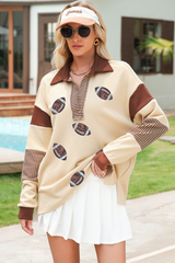 Light French Beige Football Sequins Patch Striped Patchwork Polo Sweatshirt