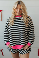 Black Stripe Contrast Edge Pullover and Shorts Plus Size Set
