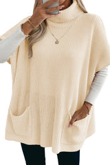 Jet Stream Plain Knit Casual Turtleneck Short Sleeve Tunic Sweater with Pockets