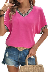 Bright Pink Leopard Patchwork Corded Texture V Neck T Shirt