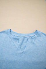 Smoke Green Notched Neck Terry Raw Hem Long Sleeve Top