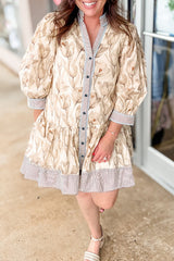 Khaki Plus Size Floral Print Striped Trim Patchwork Button Down A-line Dress