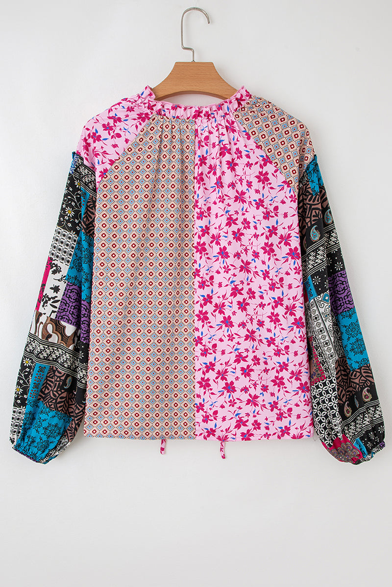 Pink Boho Mixed Floral Patchwork Drop Shoulder Bubble Sleeve Blouse