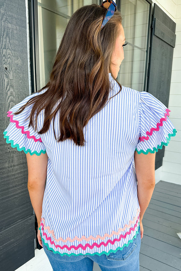 Wholesale Sky Blue Striped Ricrac Splicing Frill V-Neck Blouse