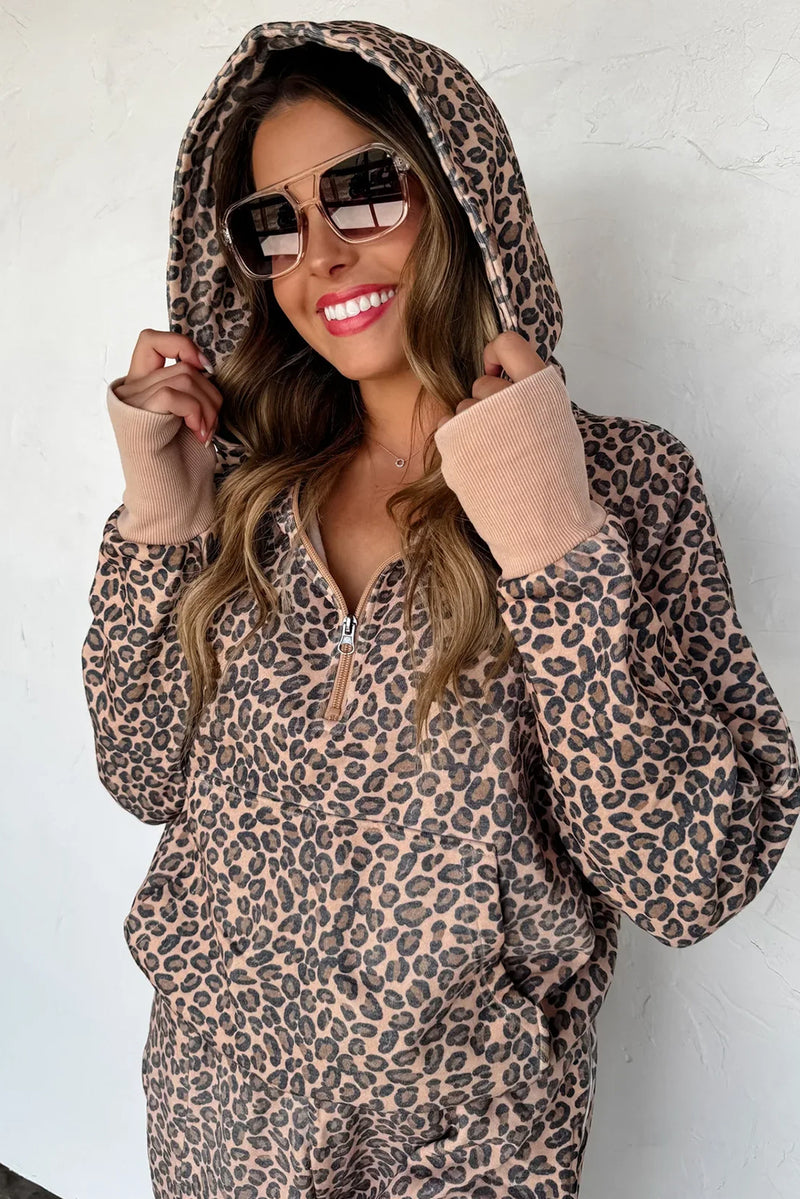 Goat Leopard Print Hooded Long Sleeve Pullover Pants Set