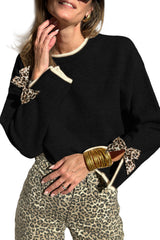 Black Leopard Bow Decor Split Cuffs Contrast Trim Sweater